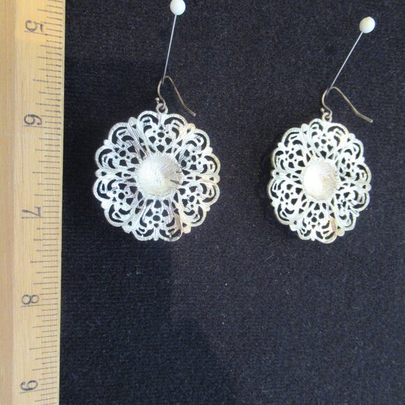 Filigree Drop, Lace Flower, Earrings, Faux Patina, Large, Fashion, Silver tone - Picture 2 of 9
